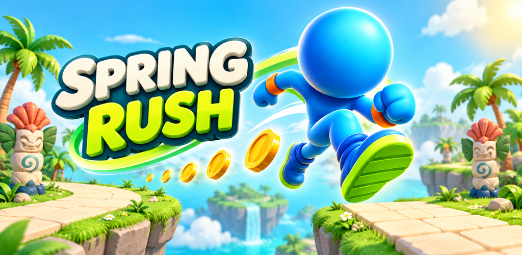 Spring Rush: a blue runner jumping between tropical floating islands